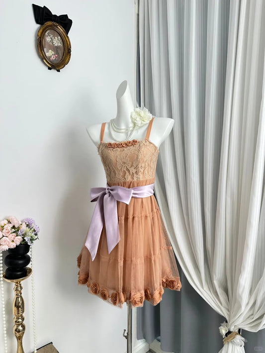 New Homecoming Dress Spaghetti Strap Flower Bowknot Back to School Outfits Party Dress D6939