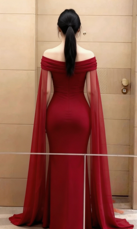 Wine Red Off Shoulder Mermaid Satin Long Party Dress, D203
