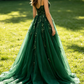 Green Straps A-Line V Neck Tulle Appliques Long Party Dress Formal Evening Gown, D426