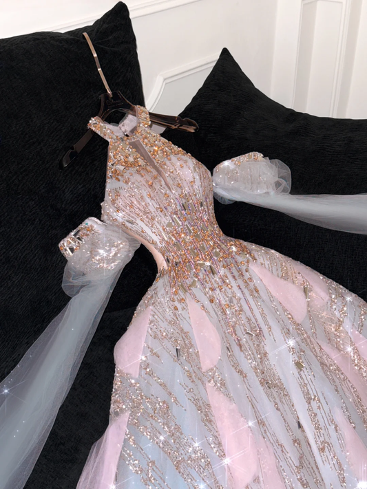 Gorgeous Shiny Pink Beaded Sequined Design A-Line Prom Dress Evening Dress D1690