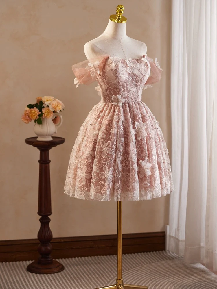 Retro Pink Applique Off-the-shoulder Design A-line Tulle Party Dress Homecoming Dress D1551