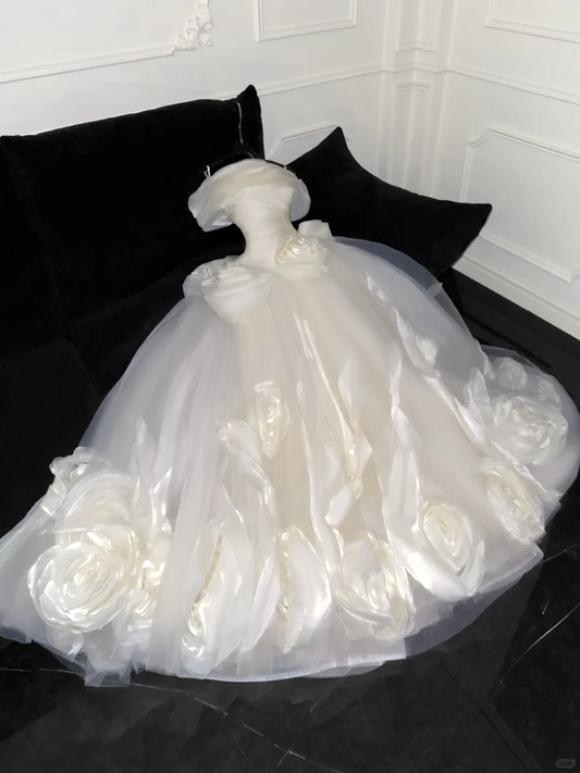 Elegant Ivory 3D Flowers Design A-Line Tulle Wedding Dress Prom Dress Evening Dress Ball Gown D1686