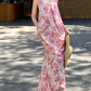 Vintage Pink Floral V-neck Design Elegant Beach Holiday Mermaid Sleeveless Halter Dress Summer Dress Party Dress, D1724