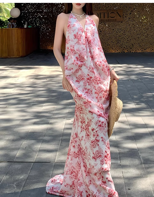 Vintage Pink Floral V-neck Design Elegant Beach Holiday Mermaid Sleeveless Halter Dress Summer Dress Party Dress, D1724