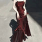 Vintage Burgundy Spaghetti Strap Ruffle Design Elegant A-line Evening Dress Prom Dress D1600