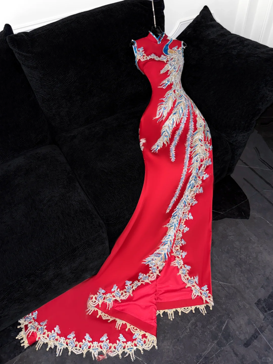 Gorgeous Shiny Red Beaded Sequined Embroidery Design Mermaid Prom Dress Evening Dress D1692