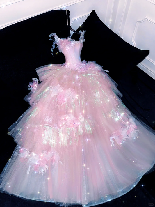 Sparkling Elegant Pink A-Line Tiered Prom Dress Evening Dress Ball Gown D1696