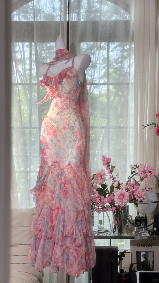 Elegant Fairy Mermaid Long Chiffon Spaghetti Strap Evening Dress Prom Dresses D1497