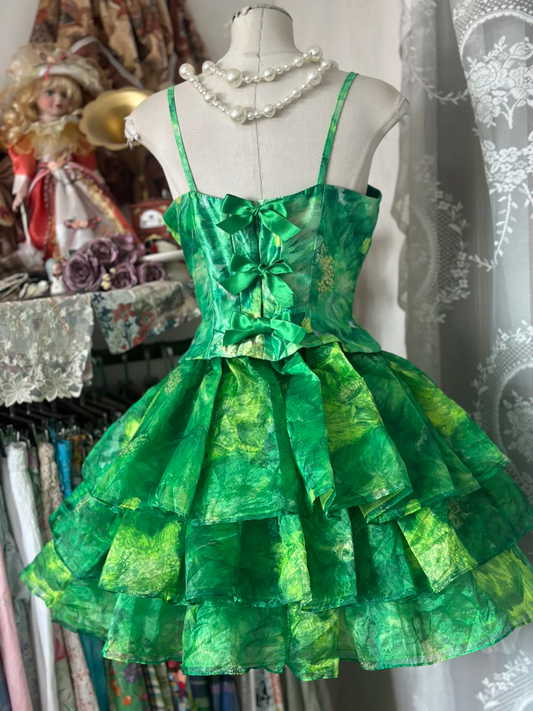 Vintage Green Exquisite Tie-dye Design A-Line Short Tiered Homecoming Dress Party Dress D1675
