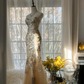 Elegant Mermaid Golden Sparkling Strapless Elegant Beaded Shinny Chiffon Evening Dress Prom Dress D1470
