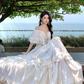 Vintage Ivory Strapless Ruffled Hem Design Elegant Beach Holiday A-Line Summer Dress D1730