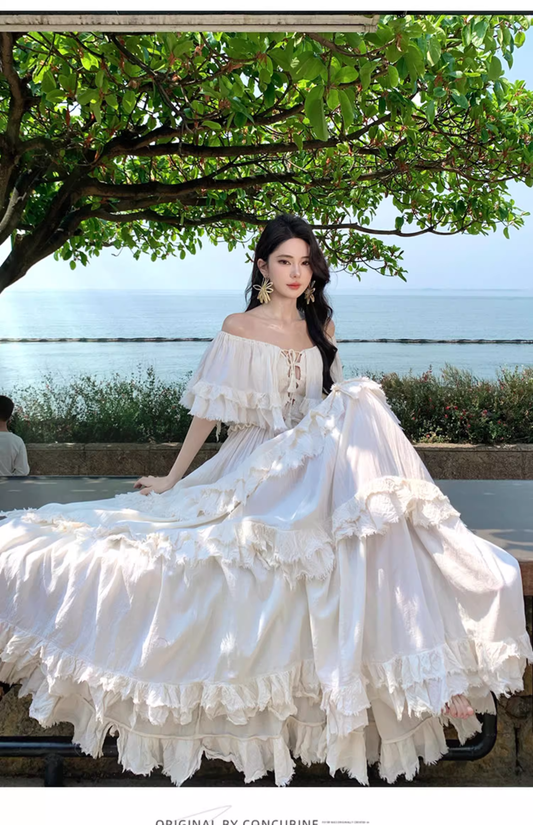 Vintage Ivory Strapless Ruffled Hem Design Elegant Beach Holiday A-Line Summer Dress D1730