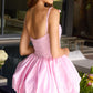Unique Homecoming Dress Spaghetti Strap Pleated Bead Flower Back to School Outfits Party Dress D7810