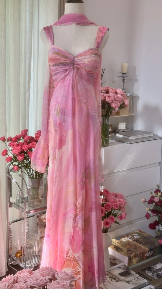 Retro Pink Sweetheart Floral Elegant Design A-line Romantic Chiffon Evening Dress Prom Dress D1477