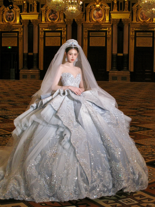 Gorgeous Shiny Beaded Sequined Sweetheart Design A-Line Wedding Dress Ball Gown Prom Dress Evening Dress D1721
