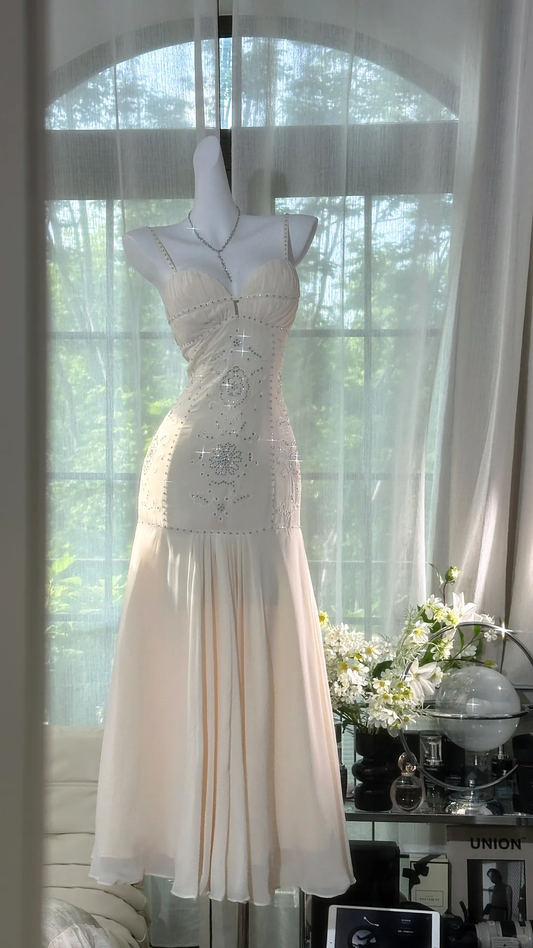 Shiny Light Green Sequined Spaghetti Strap Design Chiffon Prom Dress Evening Dress D1706