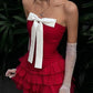Charming Homecoming Dress Strapless Pleated Bowknot Cascade Two Pieces Back to School Outfits Party Dress  D7389