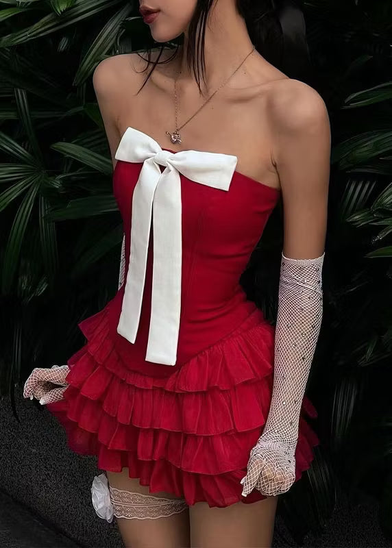 Charming Homecoming Dress Strapless Pleated Bowknot Cascade Two Pieces Back to School Outfits Party Dress  D7389