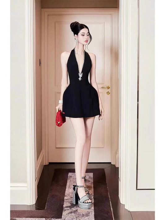 New Fashion Black V-neck Halter Dress Design A-line Party Dress Homecoming Dress, D1381
