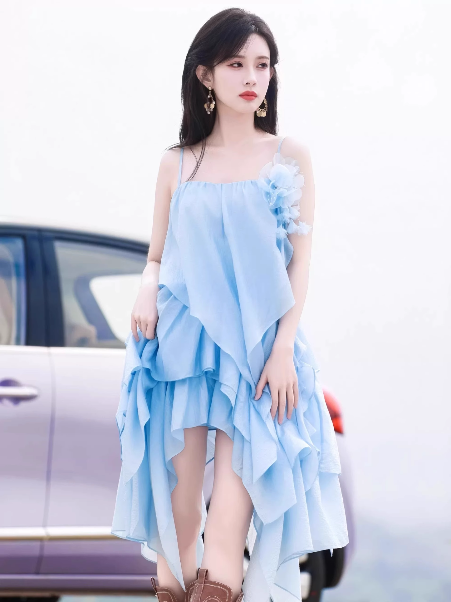 New Fashion Light Blue 3D Flower Spaghetti Strap Irregular Hem Design Summer Party Dress, D1444