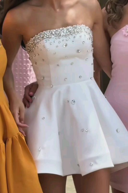 White Strapless A-Line Satin Short Party Dresses Cute Homecoming Dresses, D1291