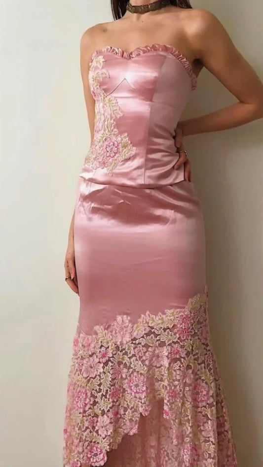 Lovely Pink Two Pieces Strapless Sheath Satin Long Party Dress Birthday Outfits, D918