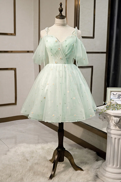 Elegant Homecoming Dress Spaghetti Straps Tulle Flowers Beaded Prom Dress Back to School Outfits Party Dress  D6109