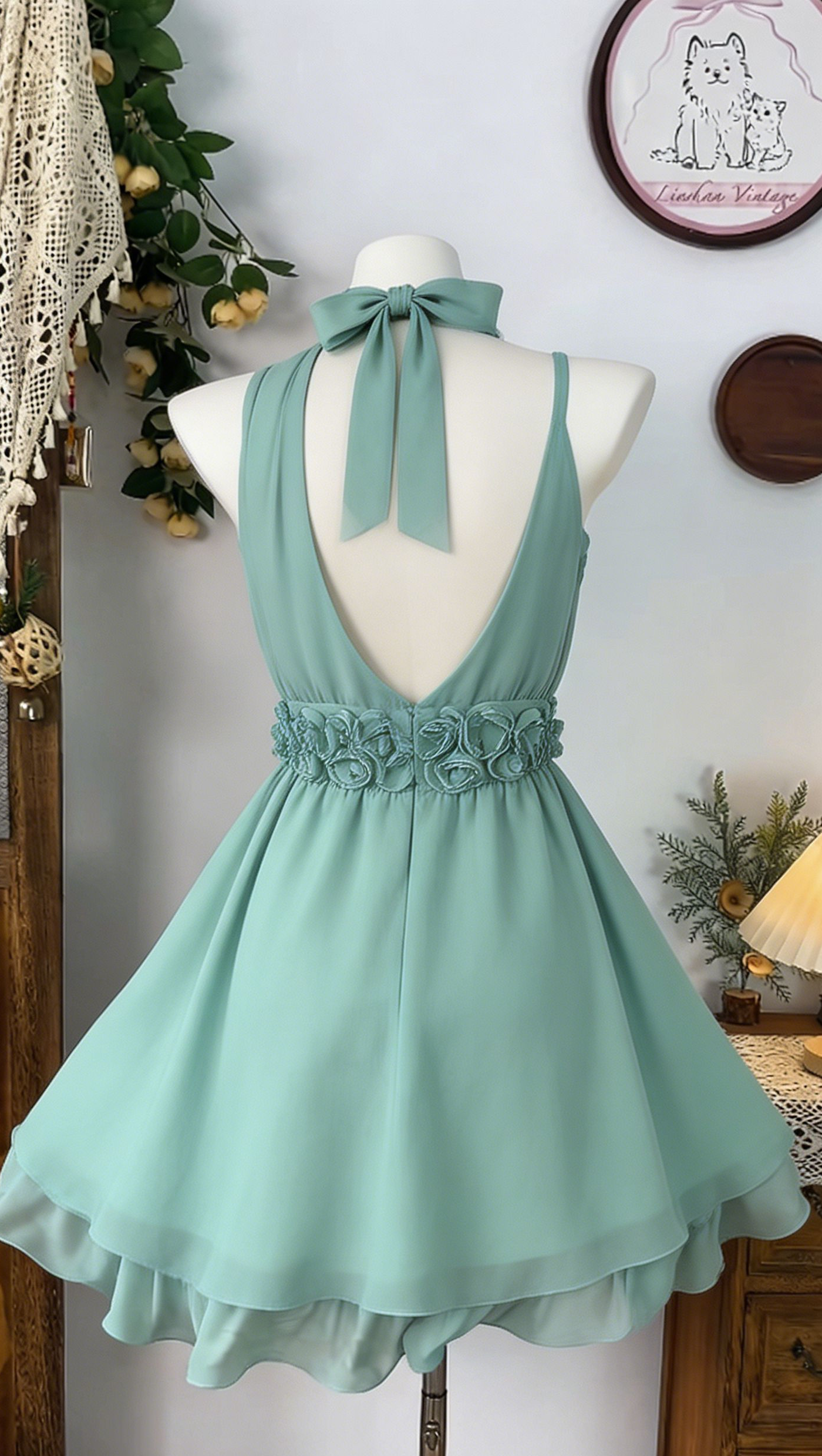 Beauty Homecoming Dress Halter Pleated Flower Back to School Outfits Party Dress  D6537