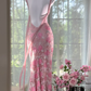 Vintage Gorgeous Pink Floral V-neck Applique Elegant Chiffon Long Evening Dress Prom Dresses D1607