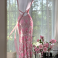 Vintage Gorgeous Pink Floral V-neck Applique Elegant Chiffon Long Evening Dress Prom Dresses D1607