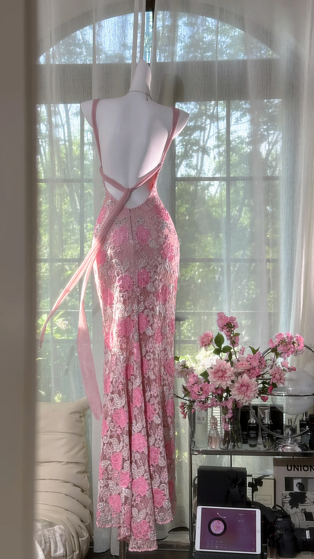 Vintage Gorgeous Pink Floral V-neck Applique Elegant Chiffon Long Evening Dress Prom Dresses D1607