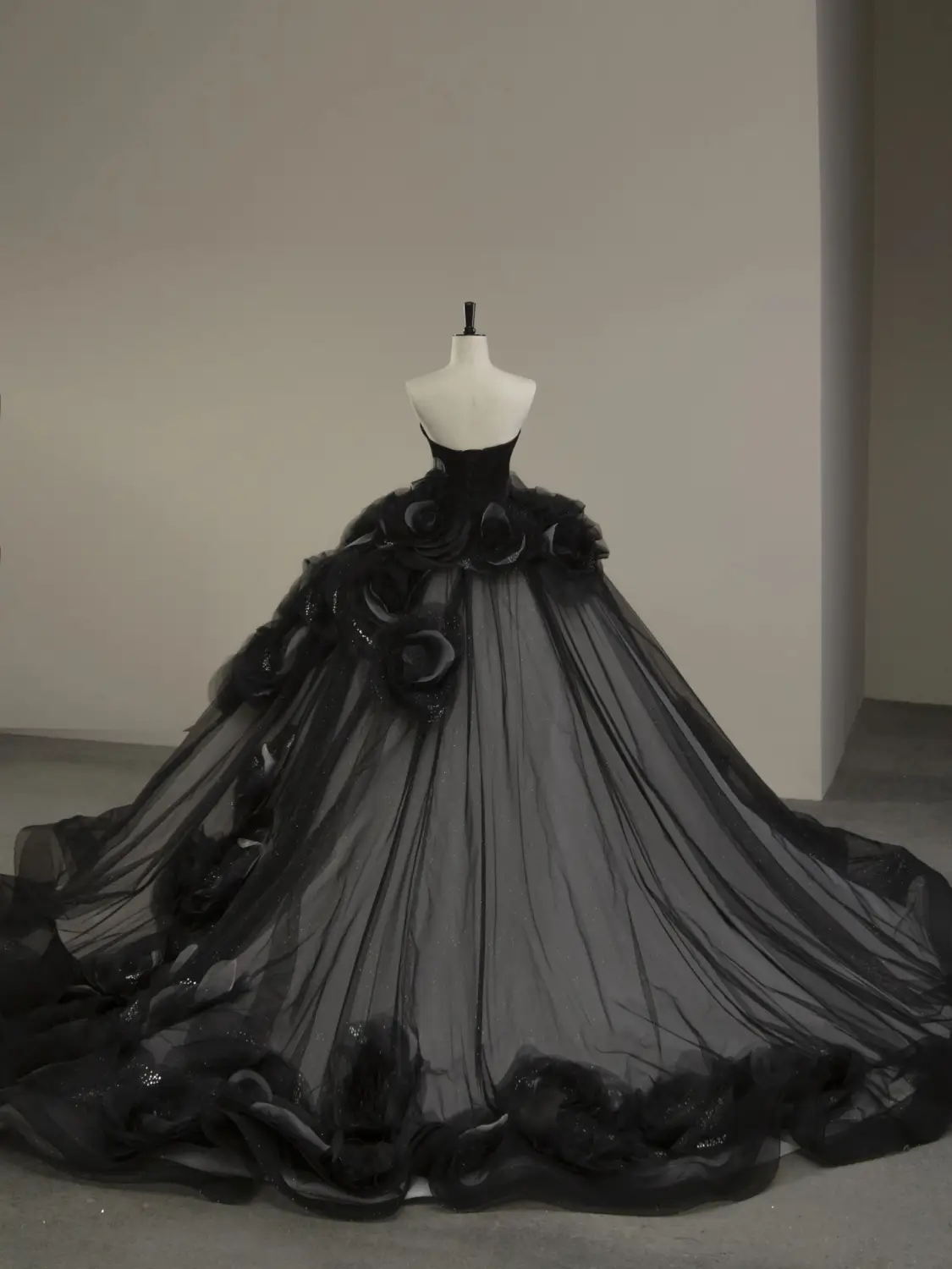 Elegant Black Strapless Floral Quinceanera Dress Evening Ball Gown MD7443