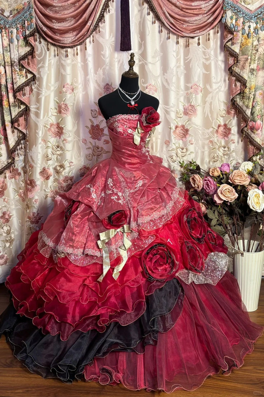 Wine Red Strapless A-Line Lace Chiffon Floral Long Prom Dress Evening Ball Gown, D767