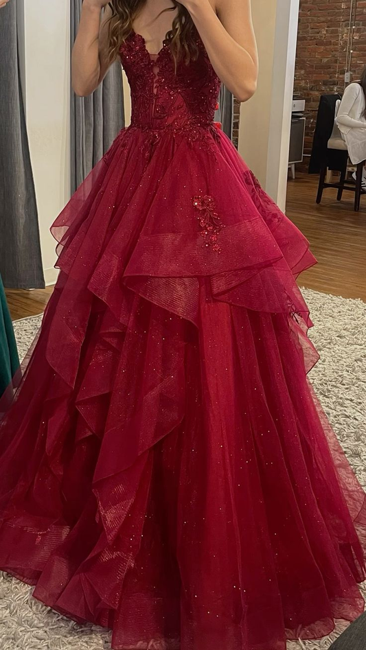 Pretty Wine Red Straps A-Line Tulle Long Prom Dresses Evening Ball Gowns, D1191
