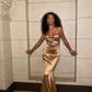 Gold Spaghetti Straps Mermaid Satin Long Evening Party Dress MD7353