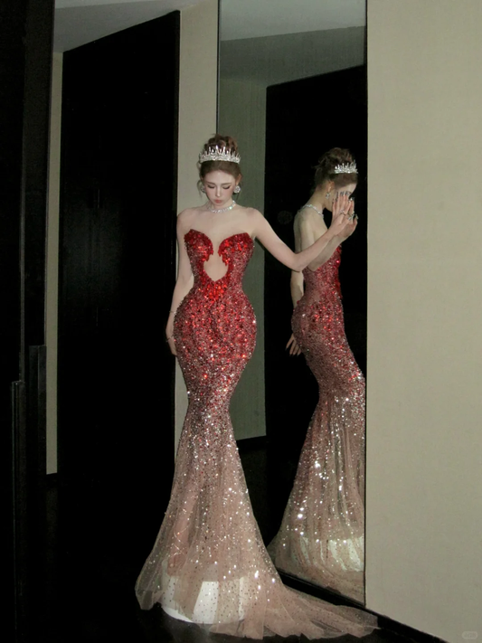 Vintage Gradient Red Sweetheart Strapless Mermaid Design Sexy Prom Dress Evening Dress D1719