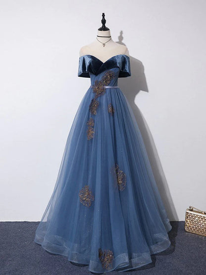 A-Line Off Shoulder Tulle Gray Blue Long Prom Dress, Blue Formal Dress  MD7167