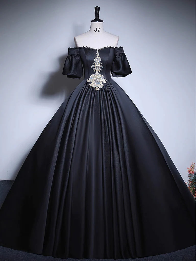 Black A-Line Satin Long Prom Dress, Black Satin Long Formal Dress MD7172