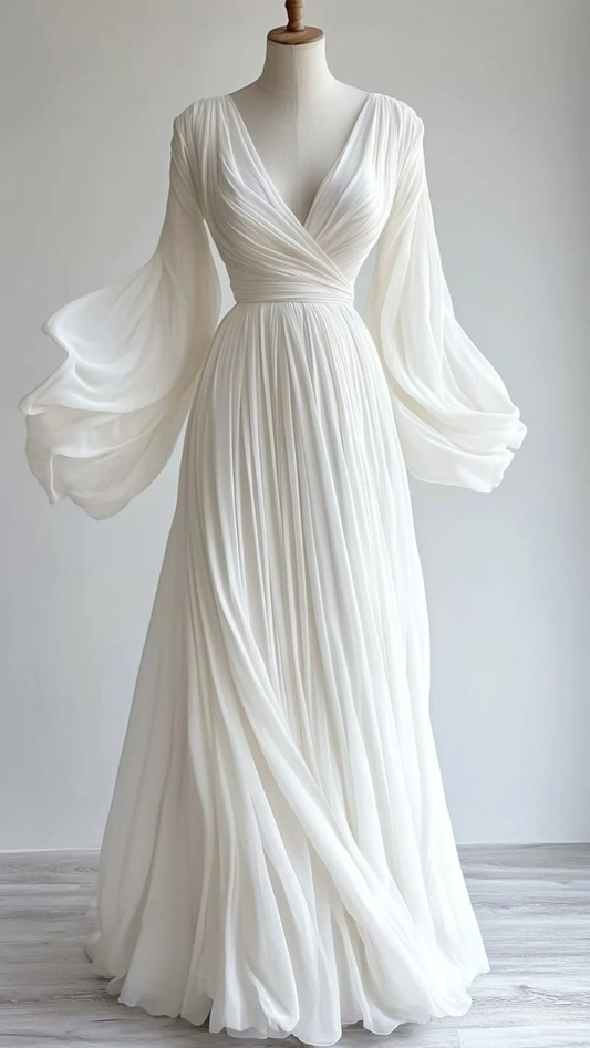 Schlichtes weißes A-Linien-Chiffon-Vintage-Abendkleid mit V-Ausschnitt, langes Partykleid, D867