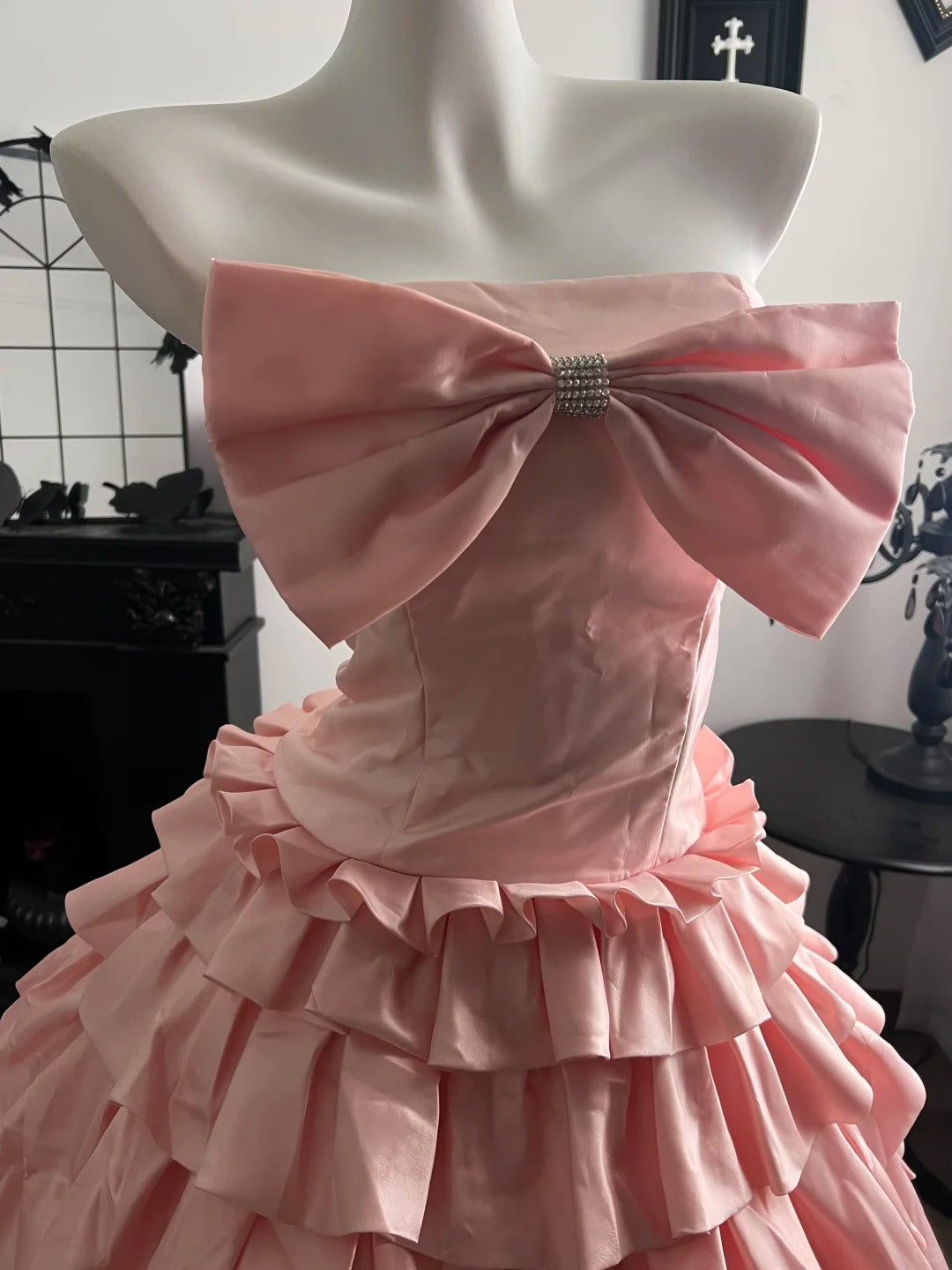 New Homecoming Dress Strapless Rinestone Bowknot Tulle Cascade Pleated Back to School Outfits Party Dress Birthday Dress  D7648