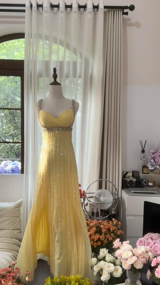 Retro Yellow Shinny Backless Design A-line Elegant Chiffon Evening Dress Prom Dress D1482