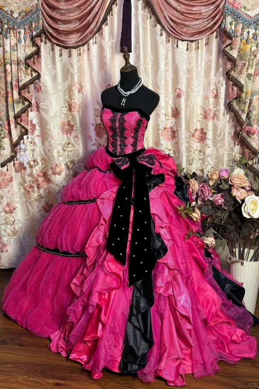 Retro Fuchsia Strapless A-Line Appliques Long Prom Dress Birthday Ball Gown, D769