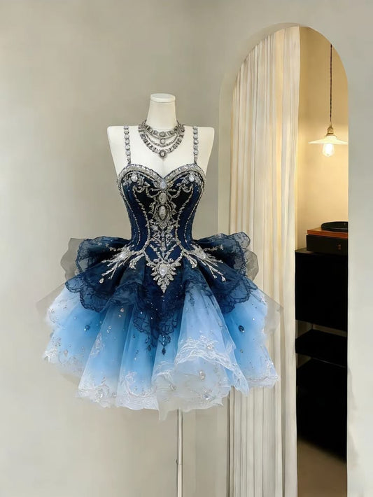 Unique Homecoming Dress Sweetheart Tulle Lace Applique Casacde Rinestone Back to School Outfits Party Dress  D7726