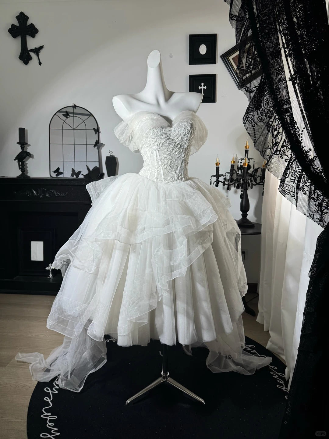 New Homecoming Dress Off the Shoulder Lace Tulle Hi-Lo Cascade Applique Bead Back to School Outfits Party Dress Birthday Dress Wedding Dress D7674