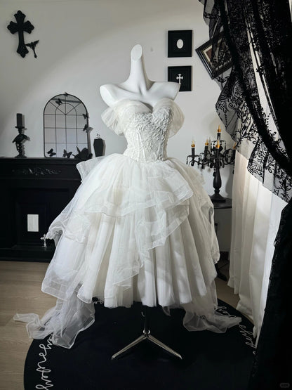 New Homecoming Dress Off the Shoulder Lace Tulle Hi-Lo Cascade Applique Bead Back to School Outfits Party Dress Birthday Dress Wedding Dress D7674