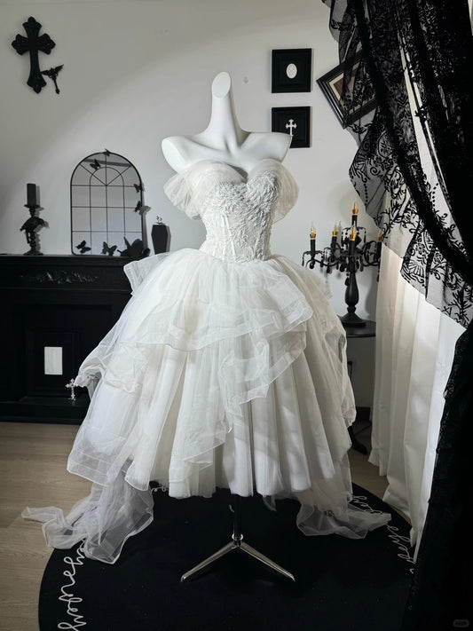 New Homecoming Dress Off the Shoulder Lace Tulle Hi-Lo Cascade Applique Bead Back to School Outfits Party Dress Birthday Dress Wedding Dress D7674