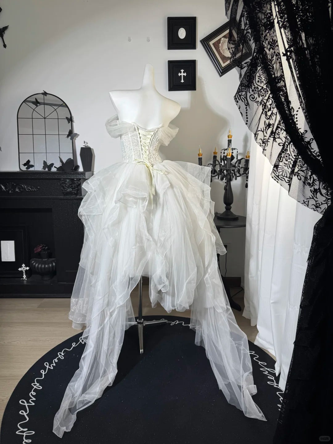 New Homecoming Dress Off the Shoulder Lace Tulle Hi-Lo Cascade Applique Bead Back to School Outfits Party Dress Birthday Dress Wedding Dress D7674