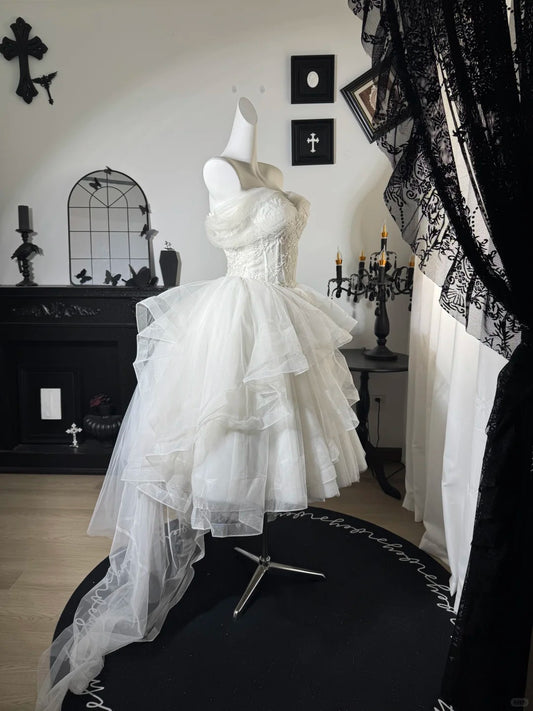 New Homecoming Dress Off the Shoulder Lace Tulle Hi-Lo Cascade Applique Bead Back to School Outfits Party Dress Birthday Dress Wedding Dress D7674