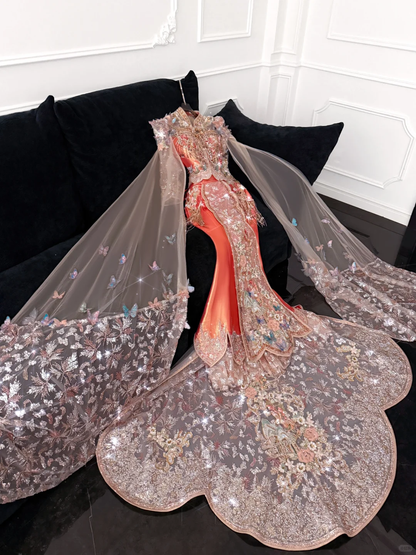 Gorgeous Shiny Beaded Exquisite Embroidery 3D Butterflies Mermaid Floor-length Evening Dress Prom Dresses D1663