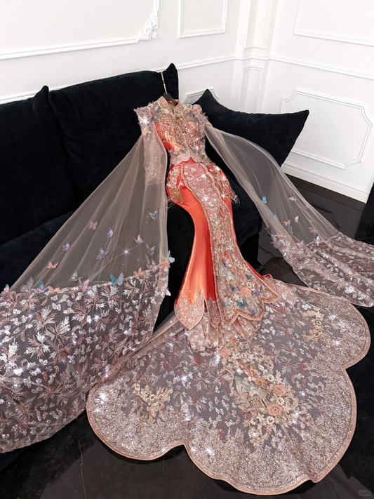 Gorgeous Shiny Beaded Exquisite Embroidery 3D Butterflies Mermaid Floor-length Evening Dress Prom Dresses D1663